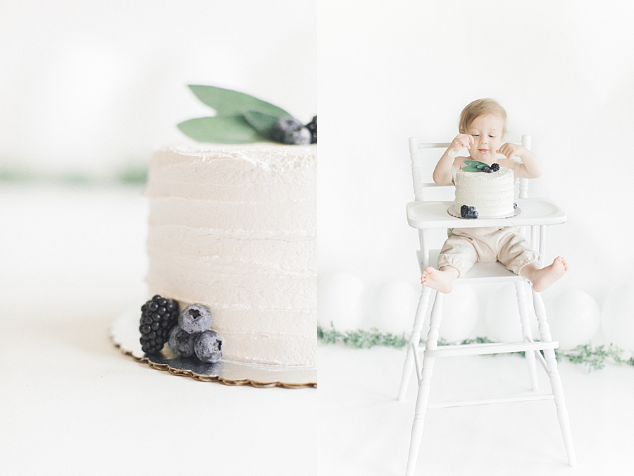 Two images. Left: detail shot of cake. Right: boy in high chair eating cake.