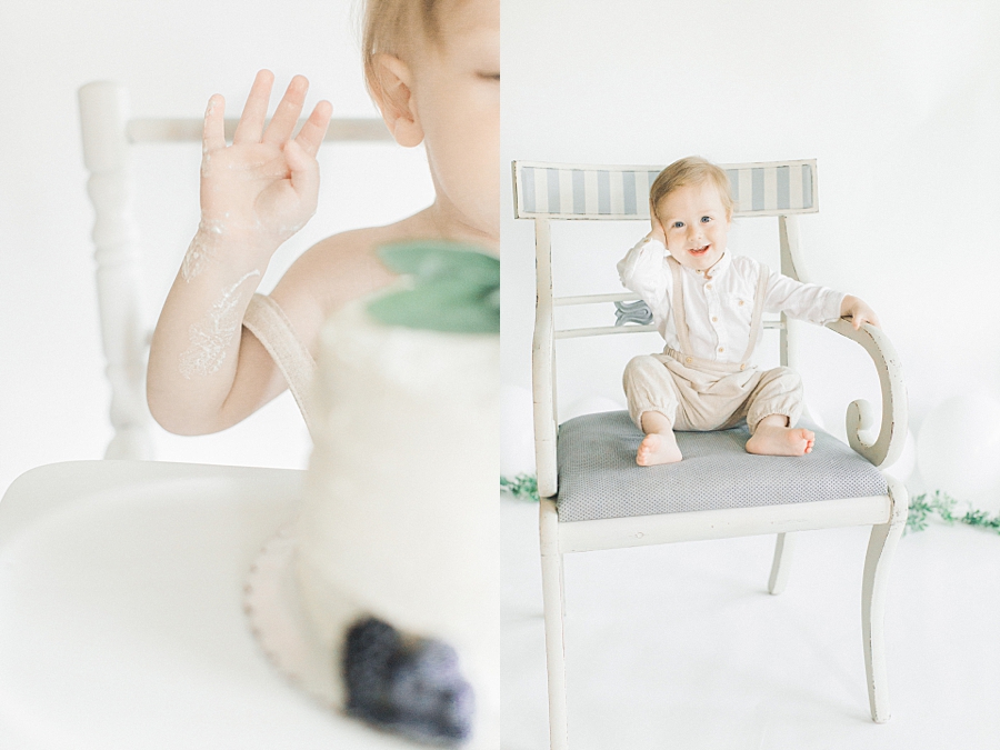 Two images. Left: Detail shot of baby boy's hand with frosting. Right: image of baby boy smiling