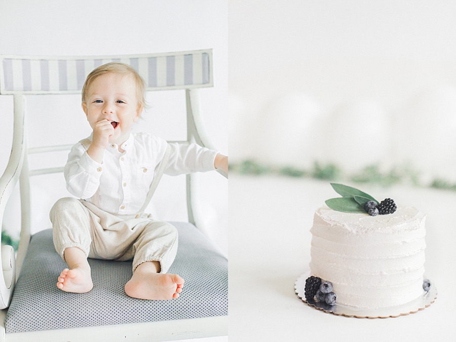 Two images. Left: smiling one year old boy. Right: boy birthday cake 