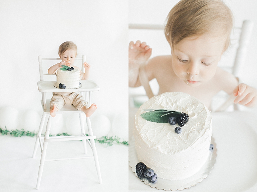 Two images of boy in high chair eating cake