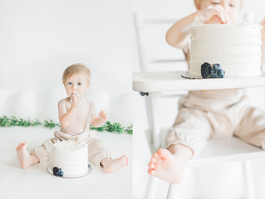 Two images. Left: Baby boy eating cake. Right: detail shot of baby boy in high chair eating cake