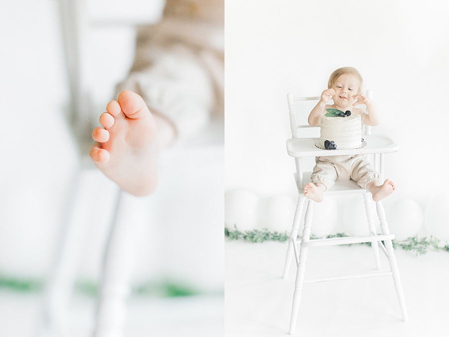 Two images. Left: detail shot of baby boy's foot. Right: Baby boy enjoying cake smash