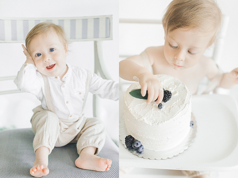 Two images. Left: baby boy smiling at camera. Right: baby boy eating cake