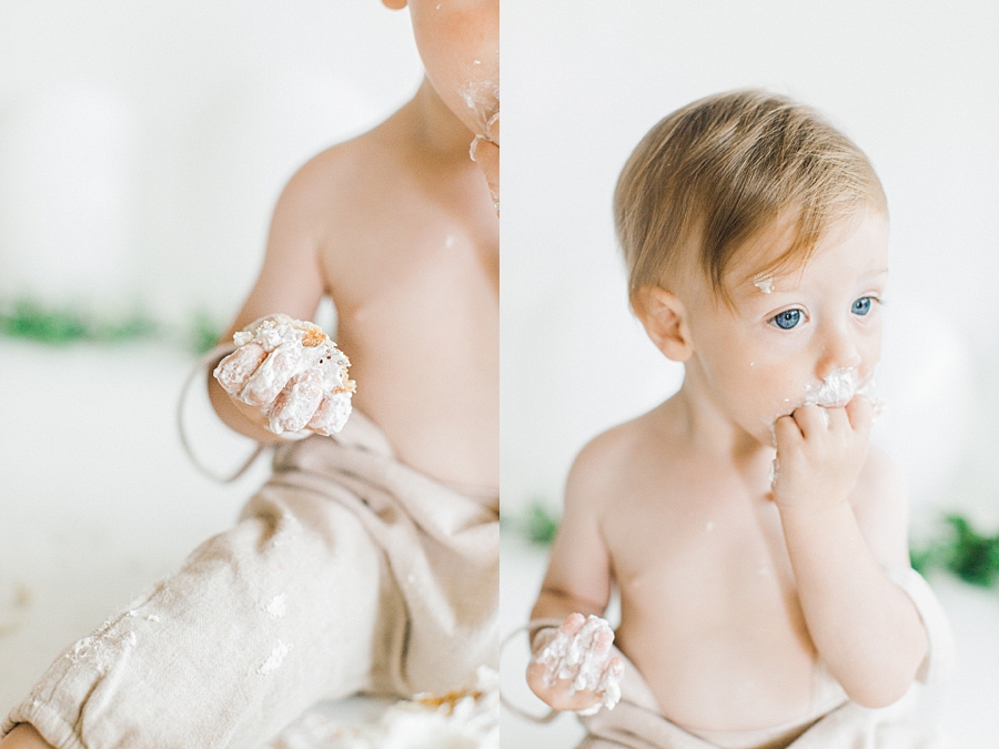 Two images of baby boy eating cake.